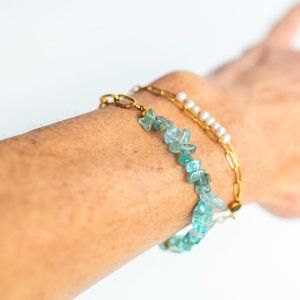 Apatite Statement Bracelet Gemstone Ocean Blue Apatite Chips Chunky Gold gift